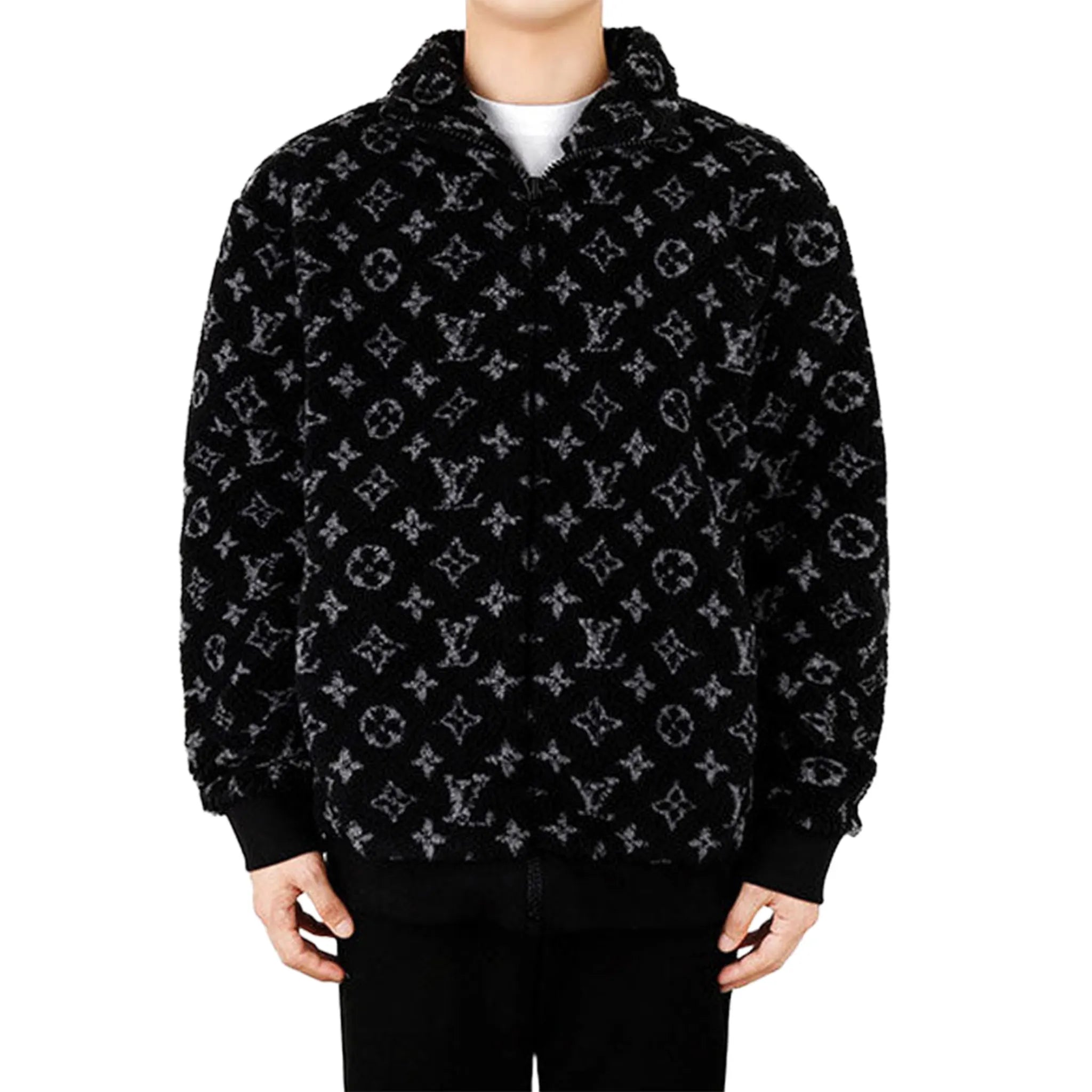Front View of Preloved - Louis Vuitton Monogram Fleece Black Grey Zip-Up Jacket